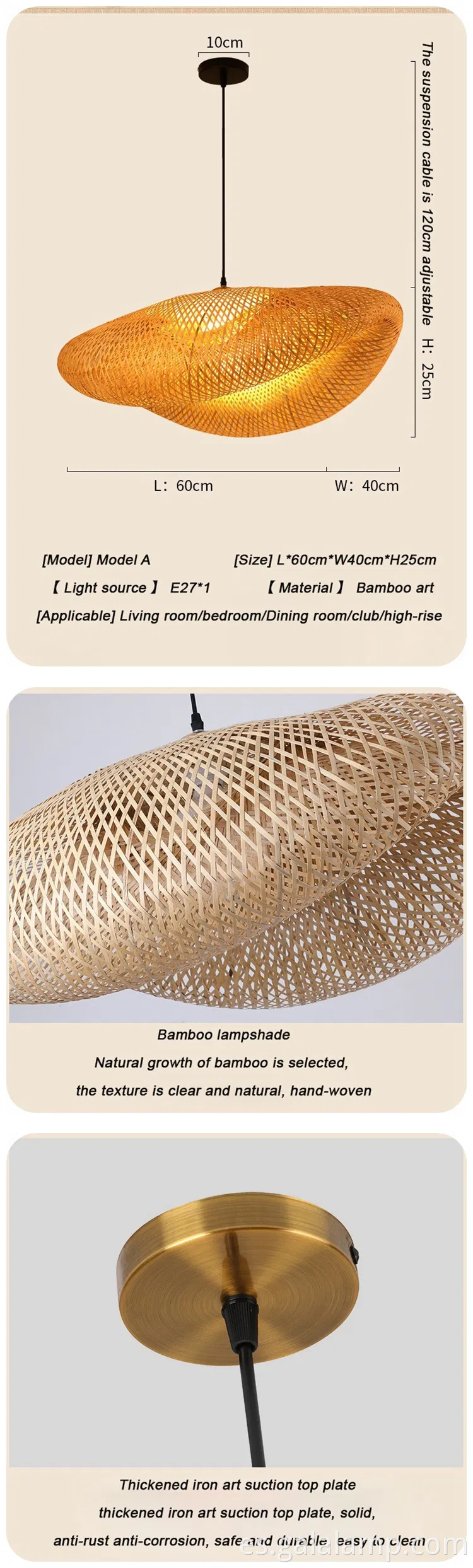 Araña colgante de bambú de ratán grande con lámpara de sombra de mimbre decorativa